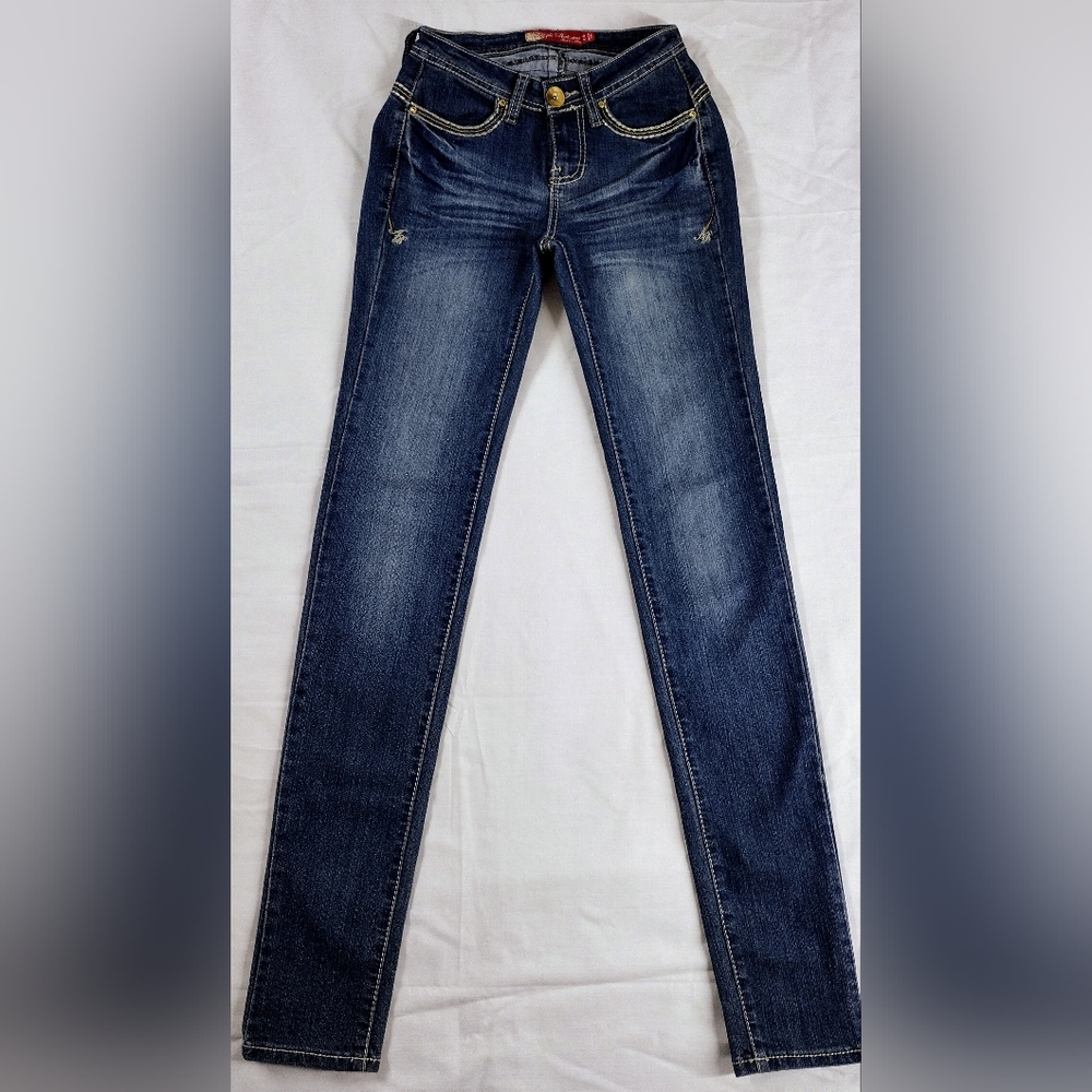 VTG Y2K Apple Bottom Jeans Sz 1/2 Embroidered Skinny Gold Buttons RARE STYLE